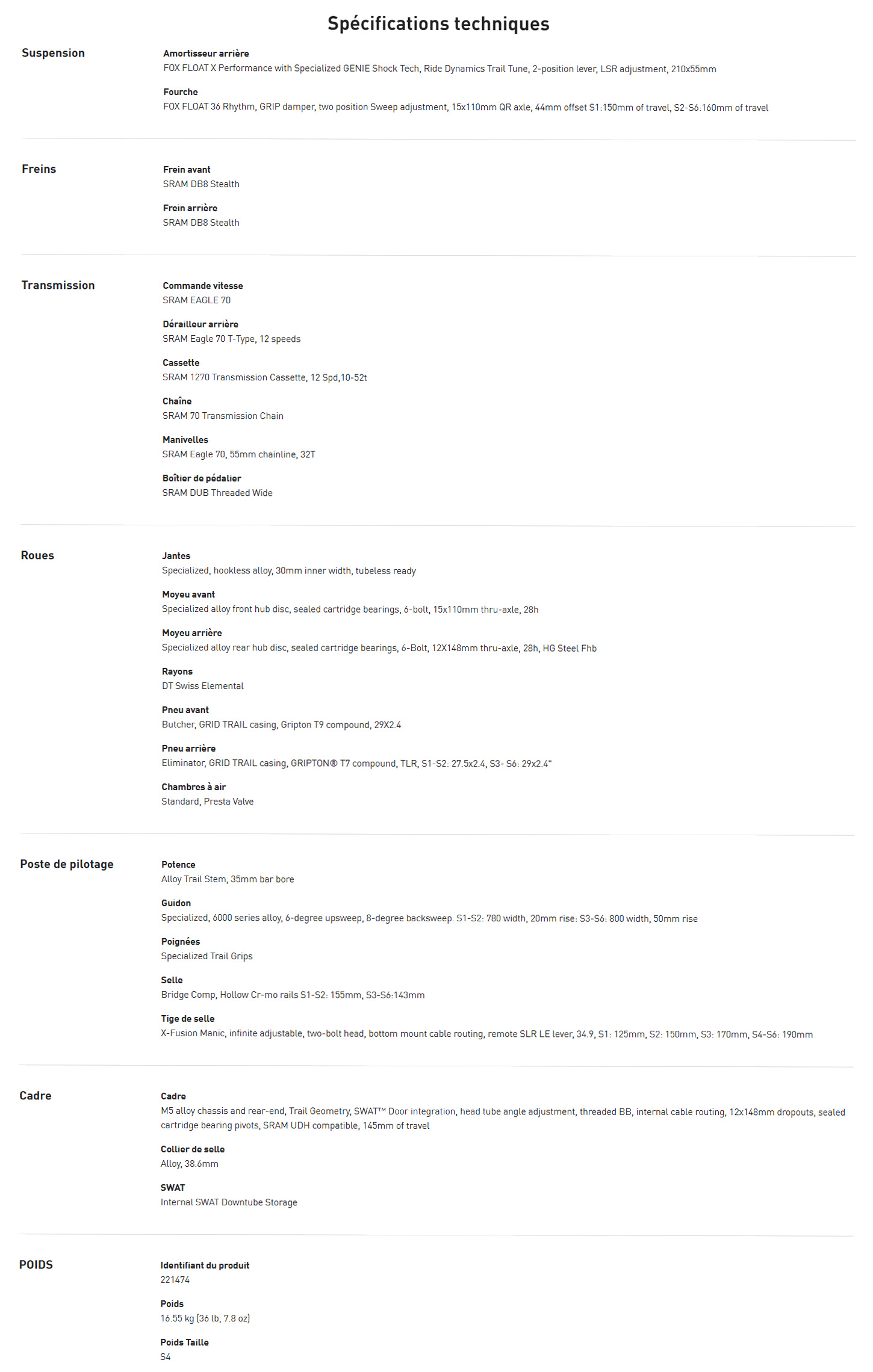 Caracteristique technique du vélo Stumpjumper 15 EVO Comp Alloy  année 2026